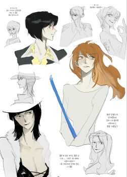 29djoe1 3girls black_hair commentary_request epaulettes eyewear_on_head glasses hair_bun hat highres holding holding_staff korean_commentary long_hair medium_hair multiple_girls multiple_views nami_(one_piece) nico_robin one_piece orange_eyes orange_hair short_hair simple_background smile staff tashigi