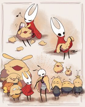 antennae arthropod_boy arthropod_girl black_eyes black_skin brushing_another&#039;s_hair brushing_hair cloak colored_skin fangs flea_(hollow_knight) fleamaster_mooshka_(hollow_knight) fluff fluffy full_body grishkin_(hollow_knight) hair_brush highres hirakue012 hollow_eyes hollow_knight hollow_knight:_silksong horned_mask hornet_(hollow_knight) huge_flea_(hollow_knight) kratt_(hollow_knight) mask musical_note no_humans open_mouth red_cloak scar scar_on_face seth_(hollow_knight) sharp_teeth sitting solid_oval_eyes standing teeth varga_(hollow_knight) vog_(hollow_knight) white_mask