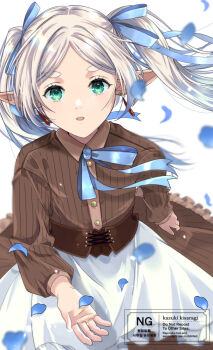 Rule 34 | 1girl, apron, artist name, blue petals, blue ribbon, blurry, blurry foreground, brown dress, collared dress, commentary request, dress, earrings, elf, falling petals, flat chest, frieren, green eyes, grey hair, hair ribbon, jewelry, kizuka2020, long dress, long hair, looking at viewer, neck ribbon, parted bangs, parted lips, petals, pointy ears, ribbon, solo, sousou no frieren, thick eyebrows, twintails, waist apron, white apron, white background