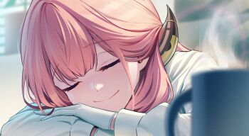 1girl aru_(blue_archive) blue_archive blush closed_eyes closed_mouth demon_girl demon_horns gloves highres horns long_hair red_hair shirt sion_(9117) sleeping smile solo white_gloves white_shirt