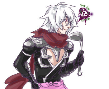 Rule 34 | 1boy, assassin cross (ragnarok online), black gloves, black shirt, closed mouth, commentary request, dated, gloves, heart, holding, holding ladle, ladle, looking afar, male focus, one-hour drawing challenge, ragnarok online, red eyes, red scarf, scarf, shirt, short hair, shy (ragnarok online), simple background, skull and crossbones, smile, solo, toriria, upper body, white background, white hair