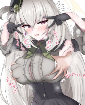 1girl absurdres aroused ascot black_gloves blue_archive blush breasts commentary_request crossed_bangs curvy deep_skin detached_sleeves double_v dress flower gloves grabbing_another&#039;s_breast grabbing_from_behind green_ascot green_flower green_rose grey_hair groping hair_between_eyes half-closed_eyes half_gloves halo hat heavy_breathing highres idol idol_clothes large_breasts long_hair mini_hat mini_top_hat moaning narrow_waist official_alternate_costume purple_eyes rose sakurako_(blue_archive) sakurako_(idol)_(blue_archive) simple_background sk_(sk1202) smile soft_breasts steam steaming_body sweat top_hat v v_over_eye white_background yellow_halo