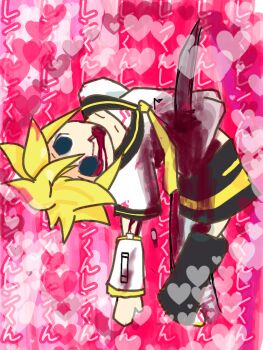 1boy blonde_hair blood blood_on_body blood_on_face blood_splatter blue_eyes commission corpse death dying empty_eyes guro heart japanese_text kagamine_len male male_gore mesrashi necktie necrophilia open_mouth original pixiv_commission shota skewer text_focus vocaloid