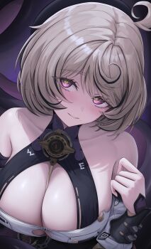 1girl 4mmmmu absurdres bare_shoulders black_hat blonde_hair blush breasts commentary_request hat highres large_breasts looking_at_viewer parted_lips purple_eyes ringed_eyes shirt short_hair smile solo tentacle_girl tentacles white_shirt yidhari_murphy zenless_zone_zero
