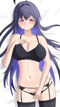 1girl absurdres bad_source bed blush breasts embarrassed garter_straps highres large_breasts lingerie long_hair looking_at_viewer lying on_back on_bed simple_background smile solo tinasha_(unnamed_memory) underwear unnamed_memory yissou_art