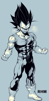 Rule 34 | 1boy, absurdres, artist name, black hair, bodysuit, boots, breath, clenched hands, covered abs, dragon ball, dragonball z, facial hair, full body, gloves, highres, male focus, monochrome, muscular, muscular male, pectorals, rahime, simple background, solo, spiked hair, standing, vegeta, white gloves