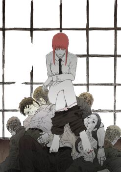 1girl absurdres barefoot black_pants black_skirt chainsaw_man clothes_pull crossed_legs doll_joints feet highres joints light_smile looking_at_viewer makima_(chainsaw_man) panties pants pants_pull panty_pull pink_panties senaka_look shirt sitting skirt toes underwear white_shirt