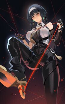 1girl absurdres alternate_costume arm_strap astra_yao black_hair black_pants breasts chest_harness closed_mouth commentary_request cosplay costume_switch earrings elbow_gloves evelyn_chevalier evelyn_chevalier_(cosplay) from_below gloves hairband half_gloves harness high-waist_pants highres jewelry large_breasts latex_pants long_hair necktie pants see-through_cleavage see-through_clothes single_elbow_glove single_half_glove smile string string_of_fate tassel thighs tight_clothes tight_pants white_hairband yato_(yama0x1) yellow_necktie zenless_zone_zero