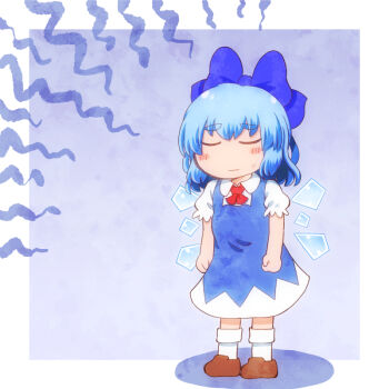 1girl ascot blue_bow blue_dress blue_hair blush bow brown_shoes chibi chibi_only cirno closed_eyes closed_mouth collared_shirt commentary_request detached_wings dress facing_viewer full_body hair_bow ice ice_wings matty_(zuwzi) pinafore_dress puffy_short_sleeves puffy_sleeves red_ascot shirt shoes short_sleeves sleeveless sleeveless_dress socks solo sweat touhou white_shirt white_socks wings