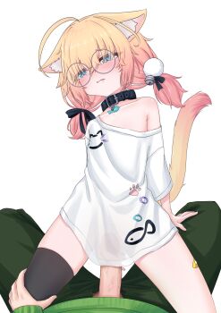 1boy 1girl ahoge animal_ear_fluff animal_ears asymmetrical_legwear bandaid bandaid_on_leg bell black_collar blonde_hair blue_eyes blush bottomless cat_ears cat_girl cat_tail collar eyebrows glasses gradient_hair hair_bell hair_ornament indie_virtual_youtuber loli low_twintails lying minikomew mismatched_legwear multicolored_hair open_mouth oversized_clothes oversized_shirt penis pink_hair pom_pom_(clothes) pom_pom_hair_ornament pov pov_hands ritspi shirt simple_background single_thighhigh straddling t-shirt tail thighhighs twintails uncensored vedal987 virtual_youtuber white_background white_shirt