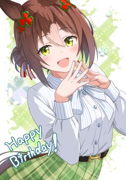 1girl animal_ears blush brown_hair brown_tail clover_hair_ornament commentary_request fine_motion_(casual)_(umamusume) fine_motion_(umamusume) gamyuu_(gamyu) green_eyes green_skirt hair_between_eyes hair_bun hair_ornament happy_birthday highres horse_ears horse_girl horse_tail long_sleeves looking_at_viewer multicolored_hair open_mouth plaid_clothes plaid_skirt pleated_skirt shirt single_hair_bun skirt smile solo steepled_fingers streaked_hair tail umamusume white_shirt white_streaks