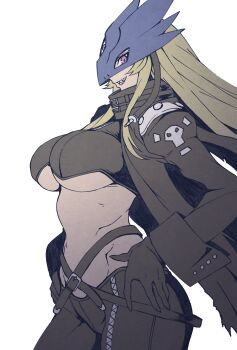 1girl ayu_(ddestiny944) beelstarmon belt black_belt black_gloves black_mask black_pants black_vest blonde_hair breasts coat commentary cowboy_shot cropped_vest digimon digimon_(creature) eye_mask gloves grin groin hands_on_own_hips highres holding large_breasts leather leather_pants lipstick long_hair looking_at_viewer makeup mask navel open_clothes open_coat pants profile purple_eyes purple_lips sharp_teeth sidelocks simple_background skull_print smile solo standing stomach teeth third_eye tight_clothes tight_pants underboob vest weapon white_background