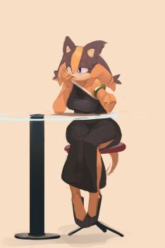 1girl absurdres badger biting biting_fingers black_dress blue_eyes chair curvy dress ebbedrawin finger_bite full_body furry furry_female highres on_chair one_shoulder_exposed sega shapely simple_background sitting solo sonic_(series) sonic_boom_(series) sticks'_finger_bite_(meme) sticks_the_badger table thick_thighs thighs