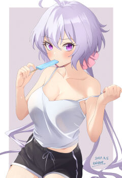 1girl 2025 ahoge bare_arms black_shorts blush breasts cleavage collarbone dated dolphin_shorts food food_in_mouth grey_hair hair_between_eyes highres large_breasts low_twintails oilen0731 popsicle popsicle_in_mouth purple_eyes senki_zesshou_symphogear shirt short_shorts shorts signature sleeveless sleeveless_shirt solo strap_slip twintails white_shirt yukine_chris