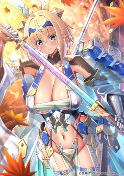 1girl ahoge animal_ears armor autumn autumn_leaves black_gloves black_panties blonde_hair blue_eyes breasts bunny_suit_planning cleavage closed_mouth collarbone commentary_request copyright_notice covered_erect_nipples cowboy_shot crossed_bangs detached_sleeves fake_animal_ears falling_leaves faulds garter_straps glint gloves hair_between_eyes headgear highres holding holding_sheath holding_sword holding_weapon japanese_clothes large_breasts leaf looking_at_viewer mecha_musume mechanical_ears navel outdoors panties pelvic_curtain rabbit_ears revealing_clothes see-through_clothes sheath short_hair sidelocks skindentation smile solo sophia_f_shirring standing stomach strapless sword takamine_nadare thigh_strap tree tube_top underwear unsheathing weapon white_sleeves