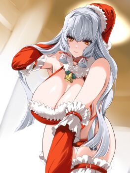 1girl absurdres aged_up alternate_breast_size_(larger) alternate_costume bare_shoulders bikini breasts cleavage commentary_request fur_trim grey_hair hair_ribbon hakkai hat highres huge_breasts kantai_collection long_hair looking_at_viewer murakumo_(kancolle) murakumo_kai_ni_(kancolle) orange_eyes ribbon santa_bikini santa_costume santa_hat sidelocks smile solo swimsuit thick_eyebrows tress_ribbon very_long_hair