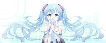 1girl anniversary aqua_eyes aqua_hair aqua_necktie bbqalok black_sleeves detached_sleeves hatsune_miku highres necktie number_tattoo shirt sleeveless sleeveless_shirt solo tattoo twintails vocaloid