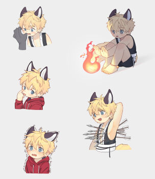 1boy :p absurdres akanbe animal_ears arrow barefoot blonde_hair blue_eyes blush bokustar_fox eyelid_pull fire fox_boy fox_ears fox_tail grey_background hair_between_eyes highres hood hoodie male_focus multiple_views original red_hoodie simple_background solo_focus tail tears tongue tongue_out trembling wavy_mouth