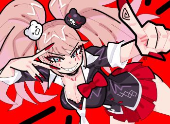 1girl bear_hair_ornament black_shirt blonde_hair blue_eyes bourbunbun bow breasts choker cleavage collarbone commentary danganronpa:_trigger_happy_havoc danganronpa_(series) english_commentary enoshima_junko hair_ornament highres large_breasts long_hair looking_at_viewer nail_polish necktie pointing pointing_at_viewer red_bow red_nails shirt skirt smile solo teeth twintails