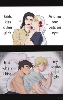 2boys 2girls battle_tendency bed blonde_hair brown_hair caesar_anthonio_zeppeli closed_eyes dress english_text facial_mark heart highres indoors jojo_no_kimyou_na_bouken joseph_joestar joseph_joestar_(young) kissing_cheek lisa_lisa long_hair lying meme minggiijwinjsj multiple_boys multiple_girls muscular muscular_male one_eye_closed pillow red_lips shirt short_hair suzi_q yaoi yuri