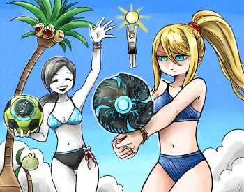 1boy 2girls alolan_exeggutor alolan_form aqua_eyes arm_up ball beachball bikini black_hair blonde_hair blue_bikini blue_eyes blue_sky bracelet breasts cleavage closed_eyes cloud colored_skin crossover dark_samus day gen_7_pokemon grey_hair holding holding_ball jewelry kicdon long_hair male_swimwear medium_breasts metroid mole mole_under_mouth morph_ball multiple_girls navel nintendo open_mouth outdoors palm_tree pokemon pokemon_(creature) ponytail samus_aran sky smash_ball smile soccer_ball sun super_smash_bros. swim_trunks swimsuit tree volleyball_(sport) waving white_hair white_skin wii_balance_board wii_fit wii_fit_trainer_(female) wii_fit_trainer_(male)