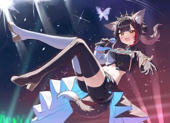 1girl :d absurdres animal_ear_fluff animal_ears asymmetrical_footwear black_boots black_gloves black_hair black_jacket black_shirt black_shorts blurry blurry_background boots collared_shirt commentary cropped_jacket cropped_shirt deaver english_commentary full_body gloves glowstick gold_tiara highres holding holding_microphone hololive jacket looking_at_viewer medium_hair microphone midair midriff mismatched_footwear multicolored_hair multicolored_jacket navel necktie official_alternate_costume official_alternate_hairstyle ookami_mio ookami_mio_(our_sparkle) open_mouth partially_fingerless_gloves penlight_(glowstick) ponytail reaching reaching_towards_viewer red_hair shirt short_shorts shorts smile solo split-color_clothes streaked_hair tail thigh_boots two-tone_jacket virtual_youtuber white_boots white_jacket wolf_ears wolf_girl wolf_tail yellow_eyes