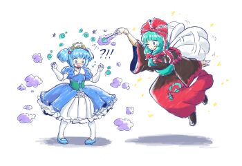 !? 2girls alternate_costume blue_corset blue_dress blue_eyes blue_hair blue_shoes blush boots bow brown_boots brown_dress closed_mouth commentary corset doll_joints dress embarrassed english_commentary flying green_eyes green_hair hair_bobbles hair_bow hair_ornament highres holding holding_wand joints kagiyama_hina kawashiro_nitori long_hair long_sleeves multiple_girls one_eye_closed oysterfried pantyhose princess puffy_short_sleeves puffy_sleeves red_bow red_dress shoes short_sleeves smile touhou two-tone_dress two_side_up wand white_pantyhose wide_sleeves wings