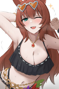 1girl animal_ears bikini black_bikini blue_eyes blush breasts brown-tinted_eyewear brown_hair cleavage ear_ornament eyewear_on_head flower green_eyes hair_between_eyes heart heart-shaped_eyewear highres horse_ears horse_girl jewelry large_breasts long_hair looking_at_viewer maruzensky_(hot_summer_night)_(umamusume) maruzensky_(umamusume) namikare navel official_alternate_costume one_eye_closed open_mouth orange-tinted_eyewear ruffle_bikini simple_background smile solo star_(symbol) sunglasses sweat swimsuit teeth tinted_eyewear umamusume upper_teeth_only white-framed_eyewear white_background