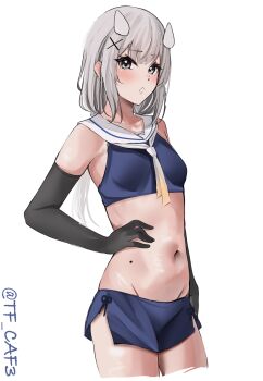 1girl absurdres ass black_gloves blue_shirt blue_skirt blush collarbone cowboy_shot cropped_legs cropped_shirt elbow_gloves gloves gradient_neckerchief grey_eyes grey_hair hair_ornament hairpin hashtag-only_commentary headgear highres i-201_(kancolle) kantai_collection long_hair looking_at_viewer low_ponytail microskirt mole mole_on_stomach navel neckerchief one-hour_drawing_challenge open_mouth ponytail sailor_collar shirt sidelocks simple_background skirt sleeveless sleeveless_shirt solo standing stomach tf_cafe thighs twitter_username white_background white_neckerchief white_sailor_collar yellow_neckerchief
