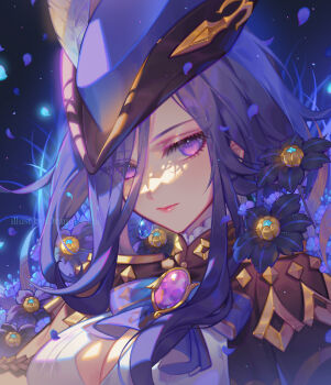 Rule 34 | 1girl, ascot, breasts, cleavage, clorinde (genshin impact), commentary, flower, genshin impact, hair between eyes, hat, highres, long hair, looking at viewer, orange sekaii, pink lips, purple ascot, purple eyes, purple flower, purple hair, shirt, solo, tricorne, upper body, white shirt