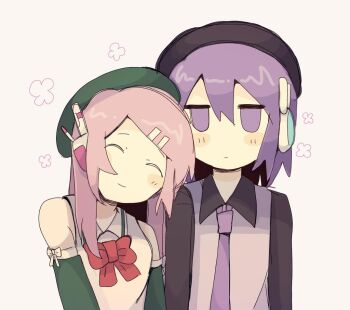 2girls beret d3xian_011 detached_sleeves dress green_dress hat momone_momo multiple_girls pink_hair purple_eyes purple_hair robot_ears shirt sleeveless smile utane_uta utau yuri