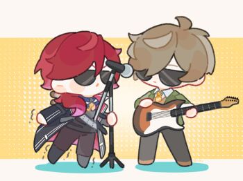Rule 34 | 2boys, black coat, black shirt, border, brown hair, brown pants, brown vest, chibi, coat, collared shirt, commentary request, full body, green jacket, guitar, hashtag-only commentary, highres, holding, holding guitar, holding instrument, instrument, jacket, lauren iroas, letterboxed, long hair, male focus, microphone, microphone stand, multiple boys, necktie, nijisanji, oliver evans, pants, red hair, shaking, shirt, short hair, shuxingbuming moxiaobai, standing, standing on one leg, struggling, sunglasses, vest, virtual youtuber, white border, white shirt, yellow background, yellow necktie