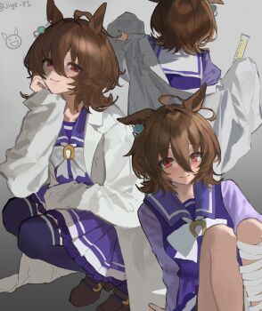 1girl agnes_tachyon_(umamusume) ahoge animal_ears bow bowtie brown_hair brown_shoes chemical_structure closed_mouth coat ear_ornament earrings hand_on_own_face hand_up highres holding holding_test_tube horse_ears horse_girl jewelry jiye_p1 lab_coat looking_at_viewer multiple_views off_shoulder open_clothes open_coat pleated_skirt purple_sailor_collar purple_skirt purple_thighhighs red_eyes sailor_collar shoes short_hair single_earring skirt sleeves_past_fingers sleeves_past_wrists smile squatting test_tube thighhighs twitter_username umamusume white_bow white_bowtie white_coat