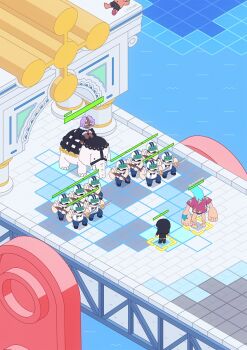 1girl 6+boys artist_name artist_self-insert black_dress black_hair blue_hair bridge dress elephant franky_(one_piece) gameplay_mechanics gun hat health_bar highres holding holding_gun holding_sword holding_weapon isometric leg_hair lv5plant marine_(one_piece) marine_uniform_(one_piece) mask multiple_boys nico_robin nico_robin_(water_7) ocean one_piece pompadour purple_hair short_hair spandam sword weapon