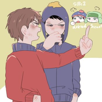 Rule 34 | 4boys, animification, beanie, black hair, brown hair, chullo, clyde donovan, commentary request, covering own mouth, craig tucker, dirty, dirty face, english text, episode number, fang, grey eyes, hand in pocket, hat, jacket, kyle broflovski, male focus, mb999, middle finger, multiple boys, narrowed eyes, open mouth, pom pom (clothes), pom pom beanie, puff of air, short hair, south park, stan marsh, ushanka, v-shaped eyebrows