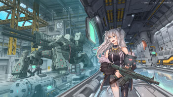 1girl ahoge animal_ear_piercing animal_ears artist_name assault_rifle breasts cable cannon cleavage commentary_request cowboy_shot crane_(machine) english_text grey_eyes grey_hair gun highres holding holding_weapon hololive indoors large_breasts lion_ears lion_girl lion_tail long_hair mecha monitor nagi_itsuki official_alternate_hairstyle rifle robot scenery science_fiction shishiro_botan shishiro_botan_(1st_costume) sidelocks skirt smile ssrb_(shishiro_botan) tail virtual_youtuber walker_(robot) weapon wide_shot