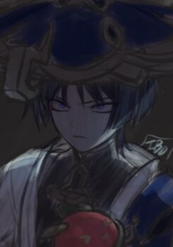 1boy 49ibo240 artist_name black_background black_bodysuit blue_cape blue_hat blunt_ends bodysuit cape closed_mouth eyeliner eyeshadow frown genshin_impact glaring gold hat highres holding japanese_clothes jingasa kimono makeup male_focus mandarin_collar portrait purple_eyes red_eyeliner red_eyeshadow sanpaku scaramouche_(genshin_impact) scene_reference shoulder_peek sketch solo tsurime wanderer_(genshin_impact) white_kimono