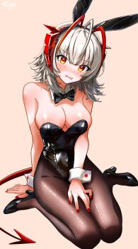 1girl absurdres animal_ear_hairband animal_ears antenna_hair arknights black_leotard black_pantyhose bow bowtie breasts demon_girl demon_horns demon_tail detached_collar fake_animal_ears grey_hair hairband highres horns large_breasts leotard looking_at_viewer pantyhose pink_background playboy_bunny rabbit_ears red_eyes red_horns red_nails short_hair solo strapless strapless_leotard tail teng_(jeff70158) w_(arknights) wrist_cuffs