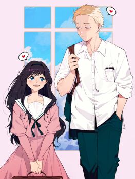 Rule 34 | 1boy, 1girl, artist name, blue eyes, blush, cesar art456, collared shirt, couple, heart, hetero, highres, kaoru hana wa rin to saku, looking at another, open mouth, pink background, sailor collar, school uniform, shirt, simple background, smile, spoken heart, standing, tsumugi rintarou, waguri kaoruko, white shirt