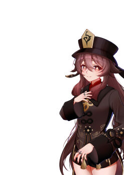 1girl absurdres amaneiru black_hat black_nails black_shorts blood blood_on_face brown_eyes brown_hair brown_jacket closed_mouth commentary_request flower-shaped_pupils genshin_impact hand_on_own_chest hat highres hu_tao_(genshin_impact) jacket jewelry long_hair long_sleeves looking_at_viewer multiple_rings nail_polish negative_space ring scene_reference short_shorts shorts smile solo symbol-shaped_pupils twintails twitter_username very_long_hair