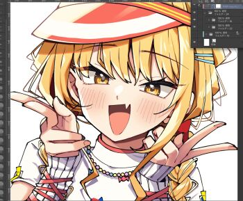 Rule 34 | 1girl, :d, arm warmers, art program in frame, blonde hair, blush, bow, braid, close-up, commentary request, double v, fang, fujita kotone, gakuen idolmaster, hair bow, highres, idolmaster, long hair, looking at viewer, low twin braids, oomori (kswmr), open mouth, red bow, shirt, short sleeves, sidelocks, skin fang, smile, smug, solo, twin braids, upper body, v, visor cap, white shirt, yellow eyes