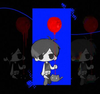 1boy antenna_hair balloon black_eyes black_hair black_tank_top black_thighhighs chibi chibi_only closed_mouth colored_skin expressionless holding holding_balloon holding_knife knife looking_at_viewer male_focus mewo omori omori_(omori) rou_(h_s_sinrin) short_hair shorts solo striped_clothes striped_shorts tank_top thighhighs vertical-striped_clothes vertical-striped_shorts white_shorts white_skin