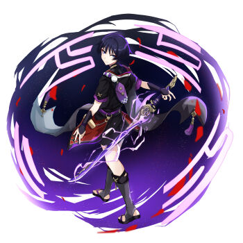 Rule 34 | 1boy, absurdres, armor, arms at sides, black bodysuit, black hair, black kimono, black sandals, black shorts, black sleeves, blunt ends, bodysuit, bridal legwear, bright pupils, eyelashes, eyeliner, eyeshadow, fingernails, full body, furisode, genshin impact, gold, highres, holding, holding sword, holding weapon, japanese armor, japanese clothes, jewelry, kimono, kote, kurokote, layered sleeves, looking at viewer, looking back, makeup, male focus, mid-stride, musou isshin (genshin impact), neck ring, o-ring, outstretched arms, parted lips, pom pom (clothes), purple background, purple bag, purple electricity, purple rope, purple sash, purple sky, purple sleeves, red eyeliner, red eyeshadow, renkon 25251020, rope, sandals, sash, scaramouche (genshin impact), shimenawa, short sleeves, shorts, sky, smile, solo, spread arms, star (sky), starry sky background, stirrup legwear, sword, tassel, toeless legwear, toenails, toes, tsurime, turtleneck, turtleneck bodysuit, weapon, white background, white pupils, white rope, wispy bangs, zouri