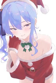 1girl absurdres armpit_crease bare_shoulders blue_hair breasts christmas detached_collar dress flat_chest fur_trim gloves grin hat highres hoshimachi_suisei long_hair looking_at_viewer rcade red_gloves santa_costume santa_dress santa_hat side_ponytail simple_background small_breasts smile solo upper_body virtual_youtuber white_background