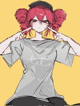 Rule 34 | 1girl, :<, baseball cap, black hat, character name, closed mouth, cursive, drill hair, furrowed brow, grey shirt, hair between eyes, hat, highres, index finger raised, kasane teto, override (synthesizer v), red eyes, red hair, shirt, short hair, short sleeves, simple background, solo, t-shirt, tearing up, twin drills, ummwa, utau, yellow background