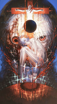 Rule 34 | 6+girls, absurdres, ayanami rei, blood, breasts, clone, commentary, english commentary, hair between eyes, highres, huli xiaobai, lance of longinus (evangelion), lcl, light smile, lilith (evangelion), looking at viewer, medium breasts, medium hair, multiple girls, neon genesis evangelion, red eyes, ribs, skeleton, spine, x-ray