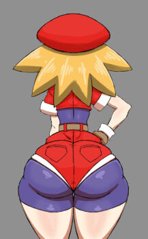 1girl arm_at_side ass blonde_hair brown_gloves capcom cowboy_shot cropped_jacket female_focus from_behind gloves grey_background hand_on_own_hip hat high-waist_shorts highres huge_ass jacket long_hair mega_man_(series) mega_man_legends_(series) n00b0d1 purple_unitard red_hat red_jacket red_shorts roll_caskett_(mega_man) short_sleeves shorts simple_background solo standing unitard wide_hips