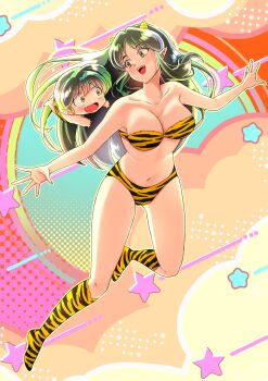 1boy 1girl animal_print bikini boots breasts cleavage collarbone cone_horns full_body green_hair highres horns ibispaint_(medium) knee_boots long_hair lum open_mouth outstretched_arms pointy_ears print_bikini print_boots spread_arms star_(symbol) swimsuit ten_(urusei_yatsura) tiger_print urusei_yatsura yuzukawa_ryo