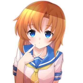 1girl blue_eyes blue_sailor_collar commentary_request finger_to_cheek highres higurashi_no_naku_koro_ni joniwi looking_at_viewer neckerchief orange_hair partial_commentary ryuuguu_rena sailor_collar school_uniform serafuku shirt short_sleeves simple_background solo white_background white_shirt yellow_neckerchief
