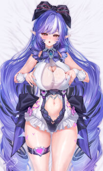 1girl breasts brown_eyes commentary dakimakura_(medium) highres large_breasts long_hair looking_at_viewer lying multicolored_hair navel obiwan official_alternate_costume on_back one-piece_swimsuit pointy_ears purple_hair solo streaked_hair swimsuit thigh_strap thighs very_long_hair vivian_banshee vivian_banshee_(iris_of_the_shore) weisuoxin white_hair zenless_zone_zero